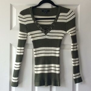Lace up ribbed striped sweater